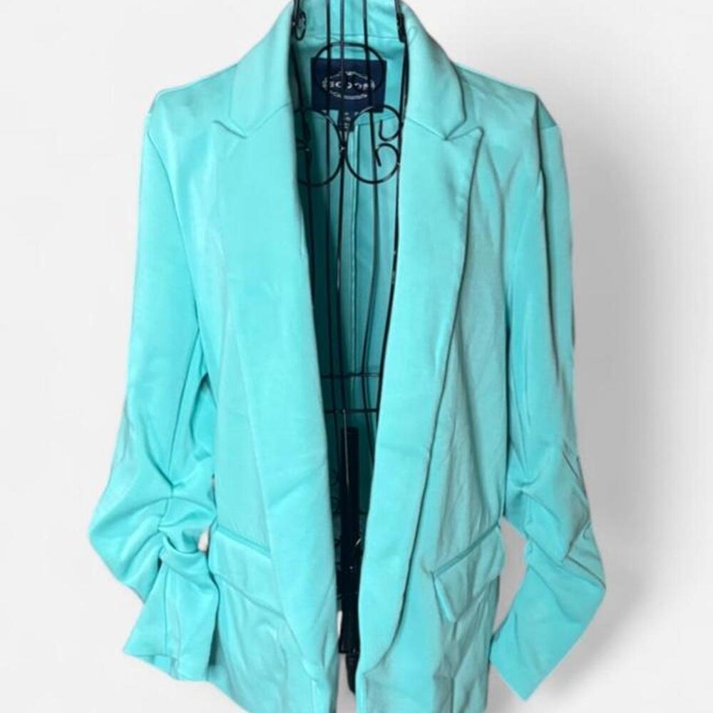 Scoop Ruched Sleeve Open Front Blazer Mint Aqua Turquoise Blue Green Size M 8 10